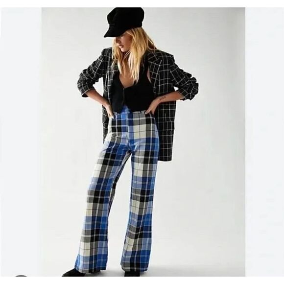 Free People Jules High Waist Plaid Flare Pants Blue/Black size 4 new